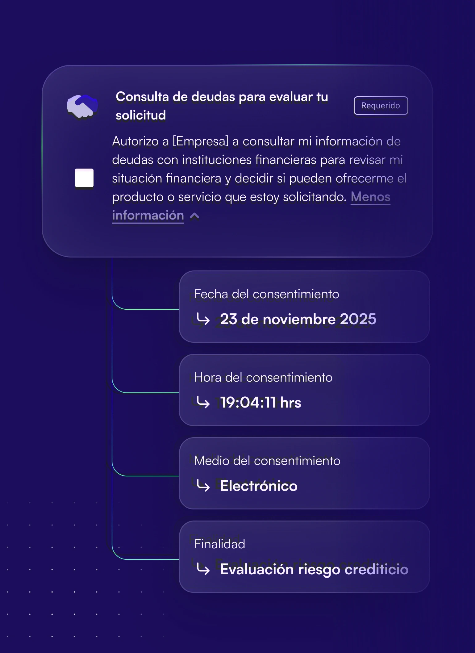 Soyio interface: Debt inquiries backed by evidence
