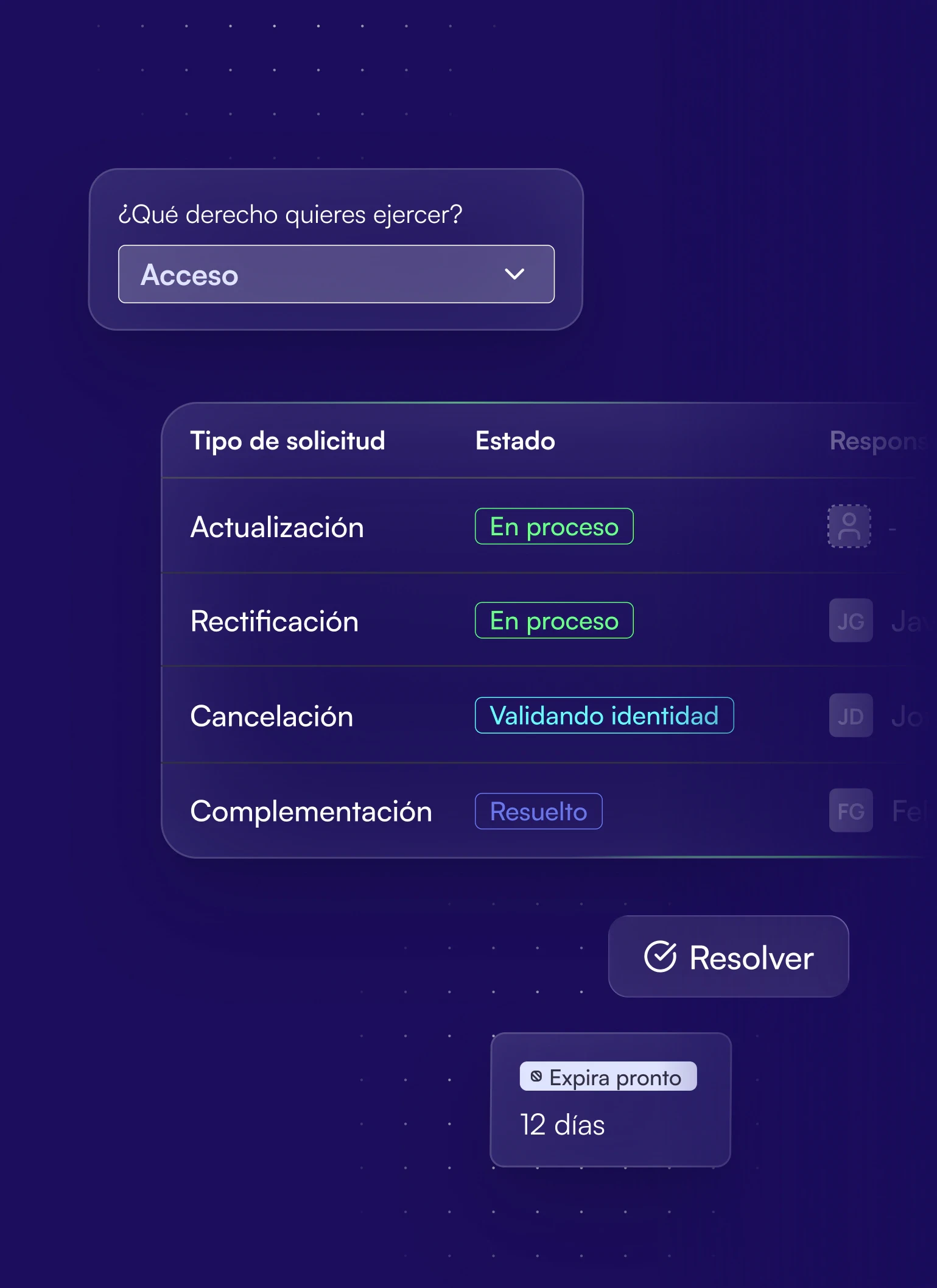 Soyio interface: Data subject rights